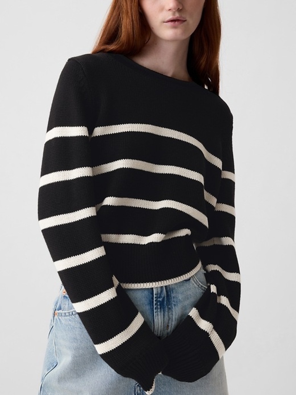 Gap Shrunken Roll Neck Sweater Cotton Black Off White Stripe Size Small - Picture 3 of 11